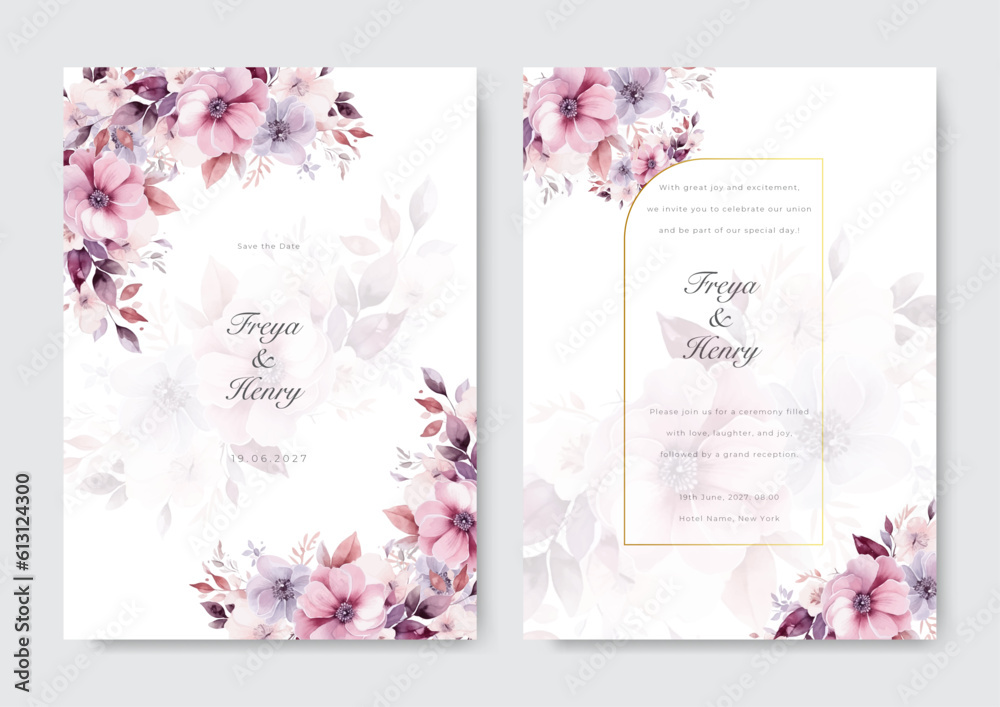 Beautiful floral and leaves pinkish wedding invitation card. Romantic wedding card.