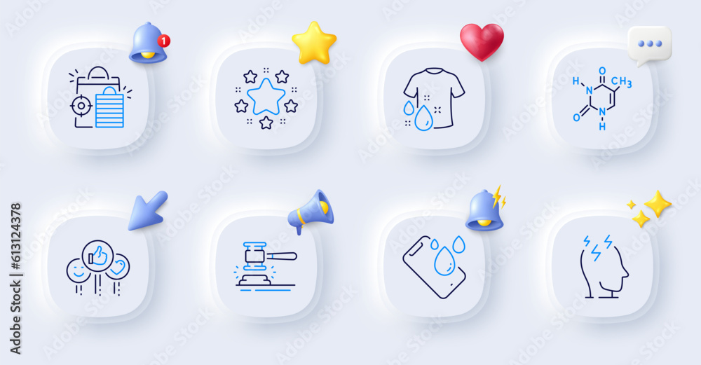 Auction hammer, Stress and Chemical formula line icons. Buttons with 3d bell, chat speech, cursor. Pack of Wash t-shirt, Seo shopping, Like icon. Smartphone waterproof, Stars pictogram. Vector Auction hammer, Stress and Chemical formula line icons. Buttons with 3d bell, chat speech, cursor. Pack of Wash t-shirt, Seo shopping, Like icon. Smartphone waterproof, Stars pictogram. Vector