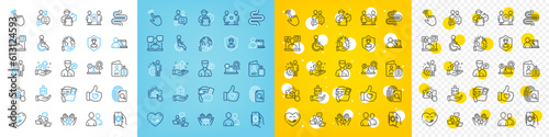 Vector icons set of Delivery man, Analysis graph and Teamwork line icons pack for web with Yummy smile, Security app, Rent car outline icon. Users, Equality, Hold box pictogram. Vector