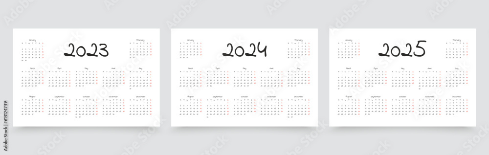 2023, 2024, 2025 years calendar. Simple calender template. Week starts Monday. Desk planner layout with 12 months. Yearly organizer in English. Pocket or wall horizontal formats. Vector illustration. 2023, 2024, 2025 years calendar. Simple calender template. Week starts Monday. Desk planner layout with 12 months. Yearly organizer in English. Pocket or wall horizontal formats. Vector illustration.