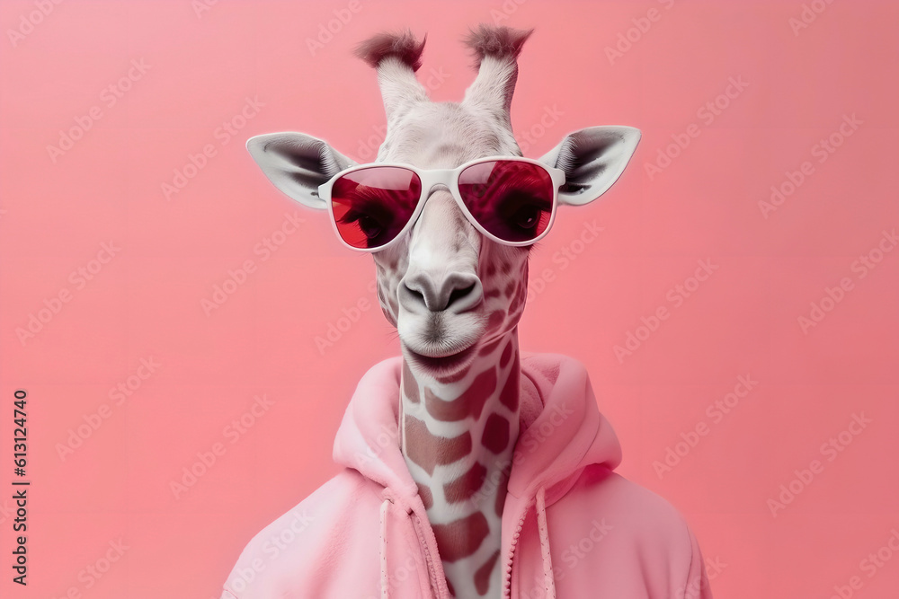 Humor giraffe with glasses and hoodie on a pastel background. The concept of a joke of fashion and style. Generative AI