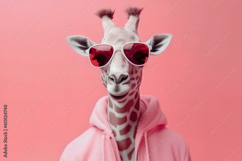Humor giraffe with glasses and hoodie on a pastel background. The concept of a joke of fashion and style. Generative AI Humor giraffe with glasses and hoodie on a pastel background. The concept of a joke of fashion and style. Generative AI