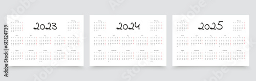 2023, 2024, 2025 years calendar. Simple calender template. Week starts Monday. Desk planner layout with 12 months. Yearly organizer in English. Pocket or wall horizontal formats. Vector illustration.