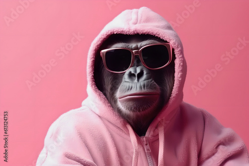 A gorilla in a hoodie and glasses looks at the camera. Surreal is a fun concept. Generative AI