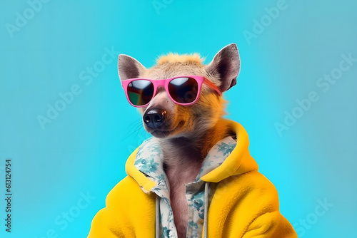 Stylish kangaroo hoodie in sunglasses on a pastel background. Minimal concept of fashion and style. Generative AI.