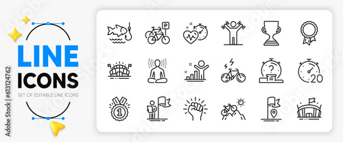 Flag, Leadership and Yoga line icons set for app include Approved, Cardio training, Success outline thin icon. Quiz, Mountain bike, Bicycle parking pictogram icon. Dumbbells workout. Vector