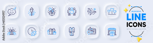 Airplane travel, Love heart and Gift line icons for web app. Pack of Bathrobe, Sleep, Gift shop pictogram icons. Gps, Creativity, Puzzle time signs. Fireworks, Holiday presents, Love couple. Vector