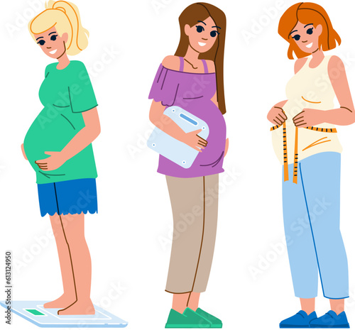 weight pregnancy vector. woman pregnant, baby maternity, belly motherhood, birth care, female gain weight pregnancy character. people flat cartoon illustration