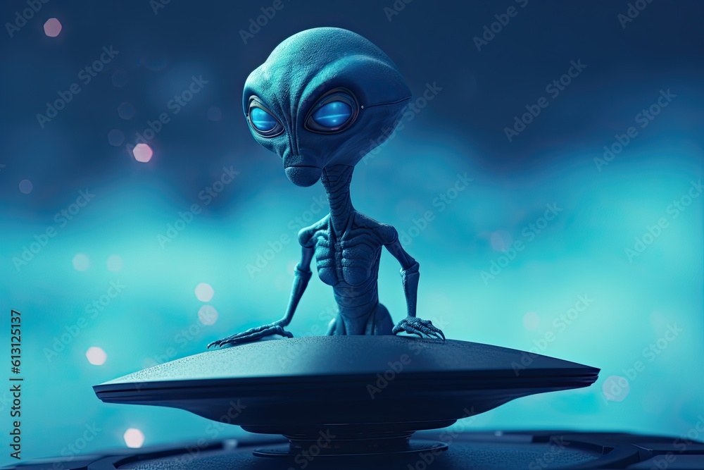 Alien UFO in a blue space with stars above its head against a blurred ...
