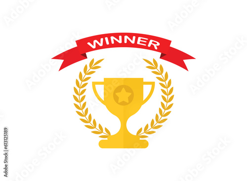 Trophy with red ribbon icon , Champion cup winner trophy award with laurel wreath,