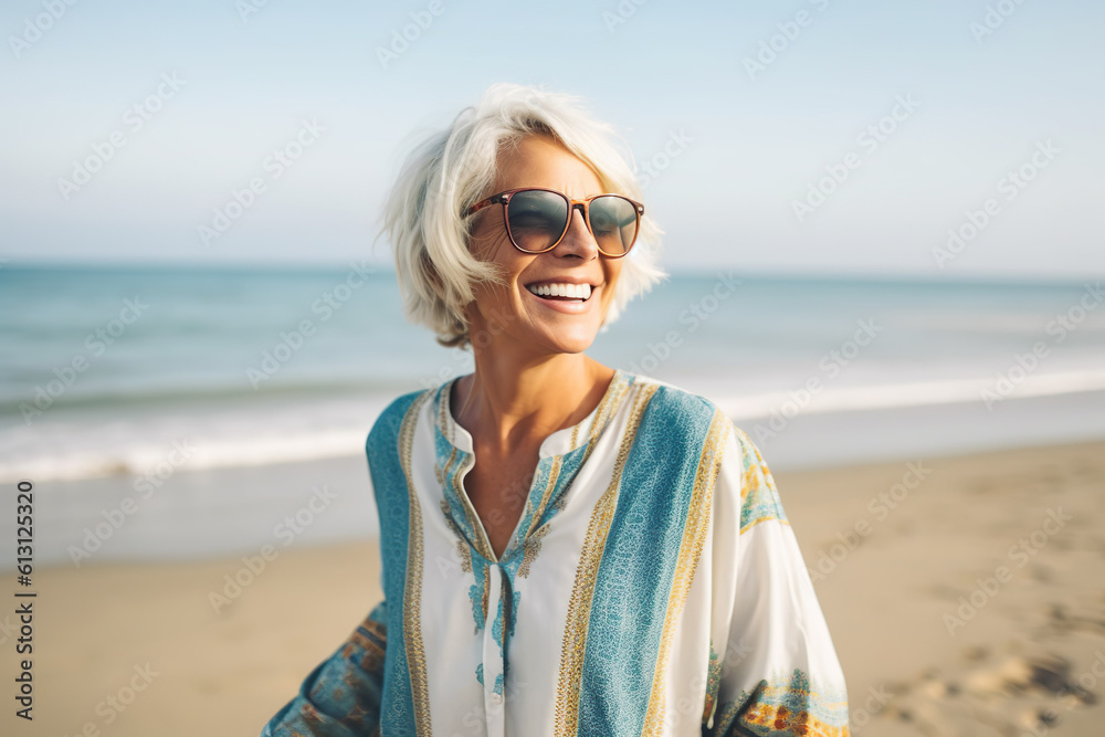 © Kalim - Illustration of mature senior woman on beach coast © Kalim - Illustration of mature senior woman on beach coast