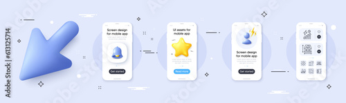 Charging station, Electricity consumption and Open door line icons pack. Phone screen mockup with 3d cursor. Alert, star and placeholder. Power, Exhaust, House dimension web icon. Vector