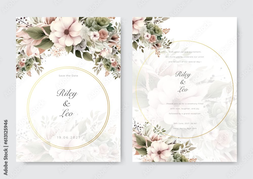 Elegant wedding invitation card with floral ornaments. Rustic wedding concept