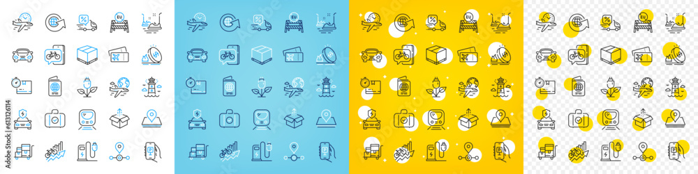 Vector icons set of Parking app, Passport and Send box line icons pack for web with Inventory cart, Lighthouse, Metro outline icon. Eu close borders, Charging station, Station pictogram. Vector Vector icons set of Parking app, Passport and Send box line icons pack for web with Inventory cart, Lighthouse, Metro outline icon. Eu close borders, Charging station, Station pictogram. Vector