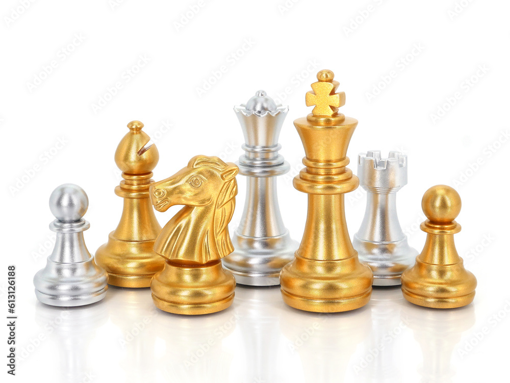 Golden chess group isolated on white background. Business strategy brainstorm. Teamwork Concepts. Golden chess group isolated on white background. Business strategy brainstorm. Teamwork Concepts.