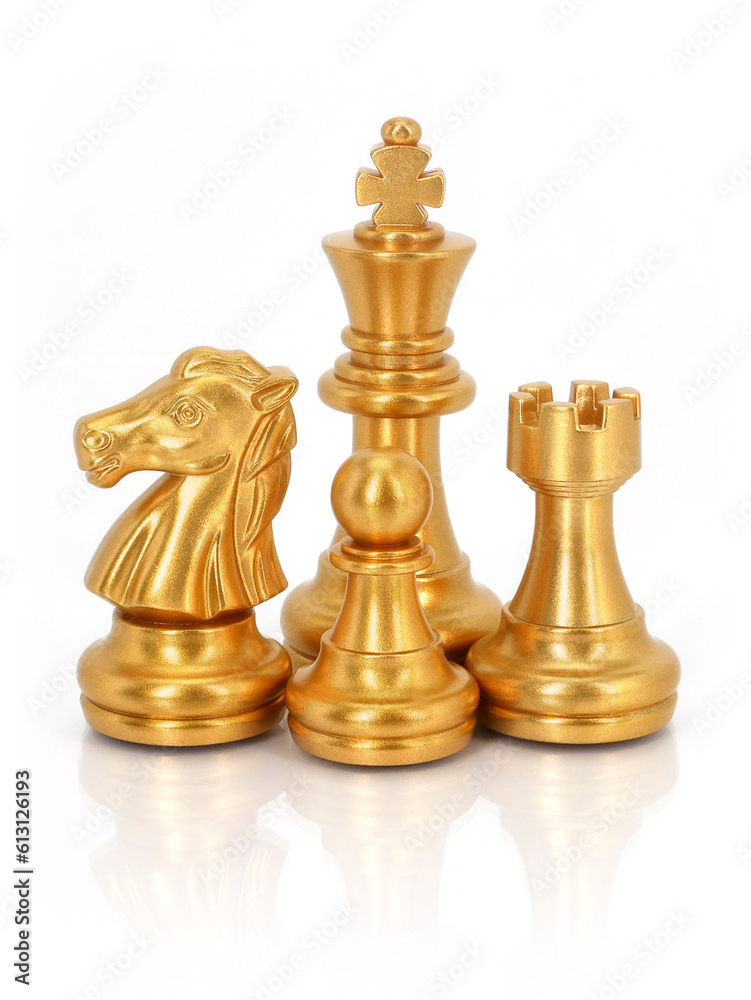 Golden chess group isolated on white background. Business strategy brainstorm. Teamwork Concepts. Golden chess group isolated on white background. Business strategy brainstorm. Teamwork Concepts.