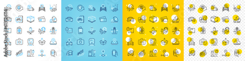 Vector icons set of Parking app, Passport and Send box line icons pack for web with Inventory cart, Lighthouse, Metro outline icon. Eu close borders, Charging station, Station pictogram. Vector