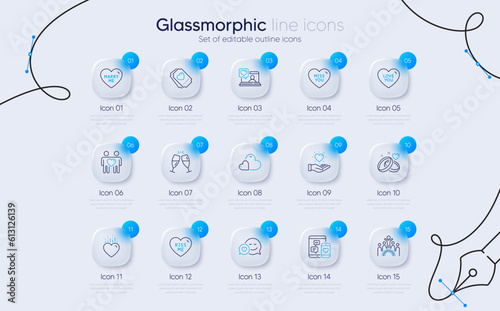 Set of Friends chat, Miss you and Dating line icons for web app. Hold heart, Care, Friends couple icons. Love you, Marry me, Love ticket signs. Social media, Inclusion, Kiss me. Vector