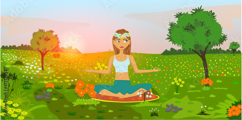 Calm girl on the background of the sun. Balance and serenity of mind and body