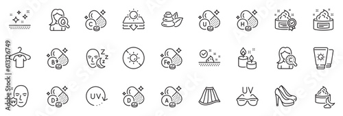 Icons pack as Cream, Skin care and Aroma candle line icons for app include Spa stones, Uv protection, Sun protection outline thin icon web set. Sunglasses, Cholecalciferol, Vitamin h pictogram. Vector