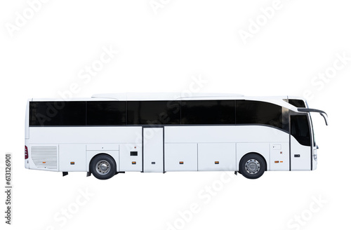 White empty bus isolated over white background, with clipping path. Full Depth of field. side view. PNG