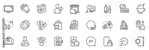 Icons pack as Search  Money currency and Hand baggage line icons for app include Fingerprint  Sale bags  Timer outline thin icon web set. Phone wallet  Skyscraper buildings. Vector