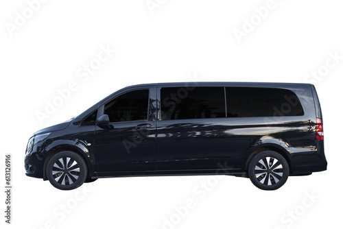 Delivery black passenger minibus with space for text isolated over white background photo