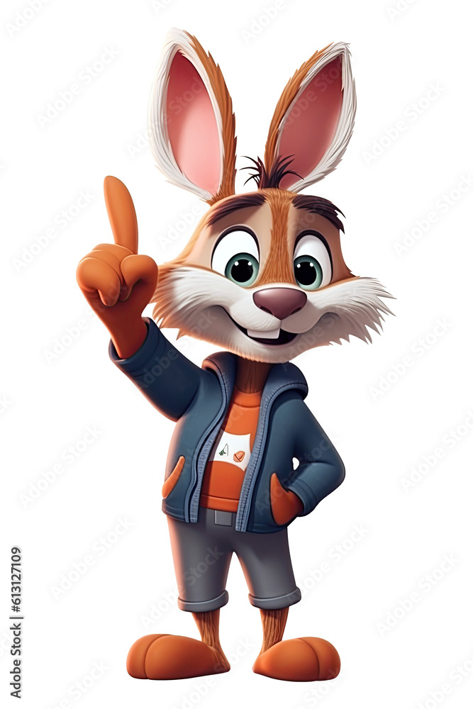 cartoon character bunny rabbit points his finger at a white isolated background. Generative AI illustration cartoon character bunny rabbit points his finger at a white isolated background. Generative AI illustration
