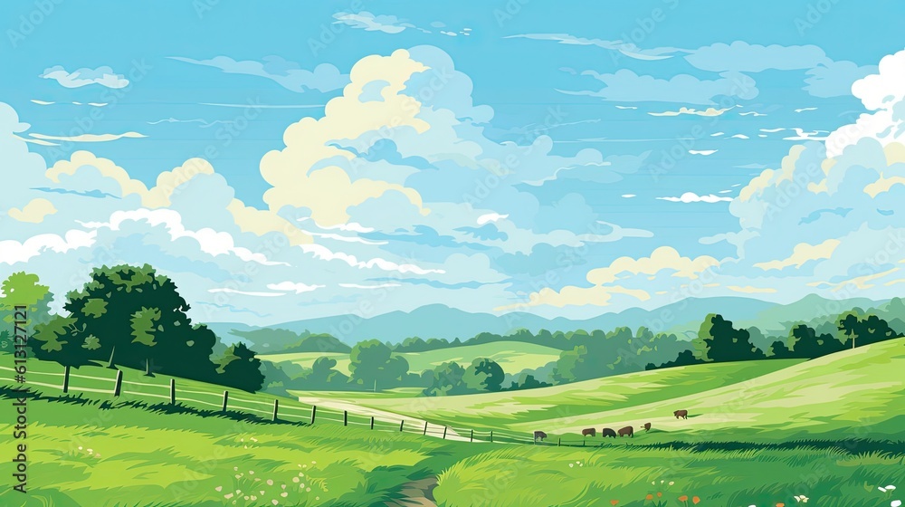 Summer landscape with green meadow and blue sky