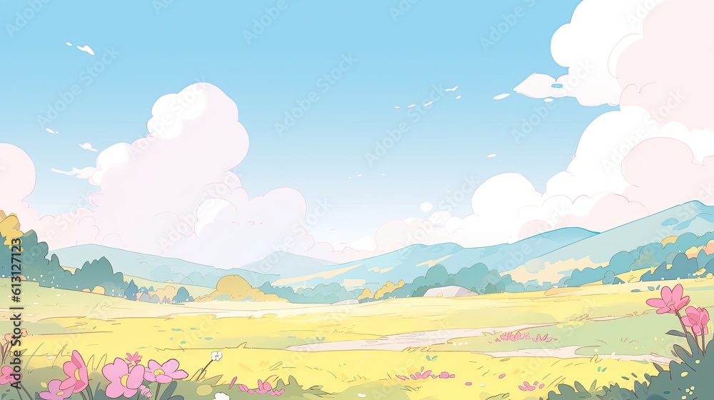 Illustration of a meadow with flowers and mountains in the background