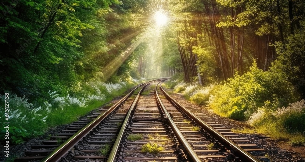 landscape on the railway tracks. Trees along the railway created with Generative AI technology
