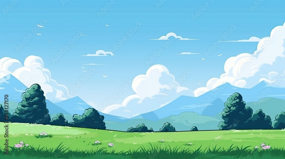 Fototapeta premium Nature landscape background with green meadow and blue sky