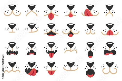 Dogs mouth. Cute pet facial expressions, happy animal mask and face paint dog elements cartoon vector set