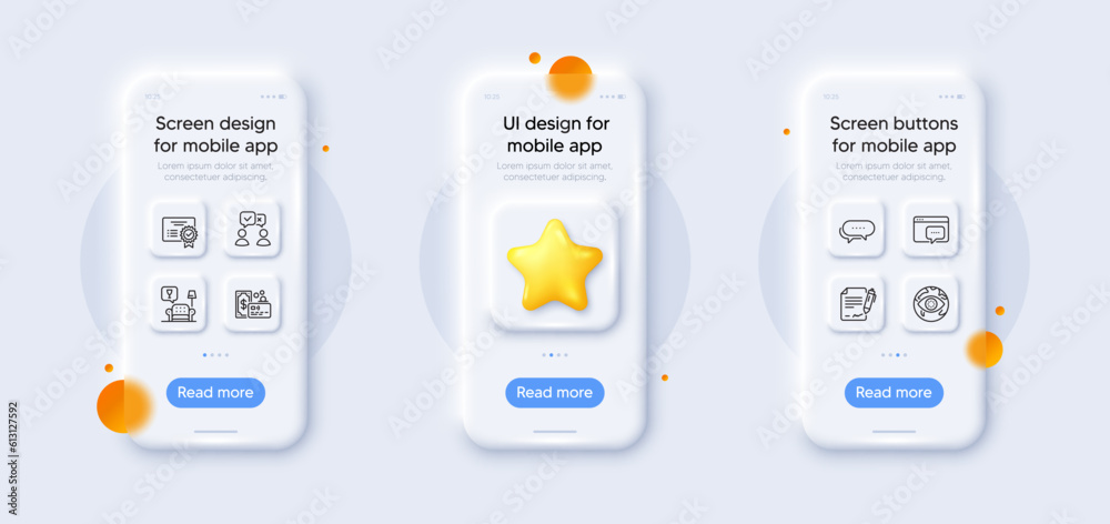 Lounge, Signing document and Seo message line icons pack. 3d phone mockups with star. Glass smartphone screen. People voting, Cyber attack, Dots message web icon. Certificate, Card pictogram. Vector