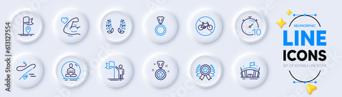 Bicycle prohibited, Timer and Winner reward line icons for web app. Pack of Flag, Fishing rod, Yoga pictogram icons. Arena, Leadership, Winner ribbon signs. Strong arm, Laurel wreath, Medal. Vector