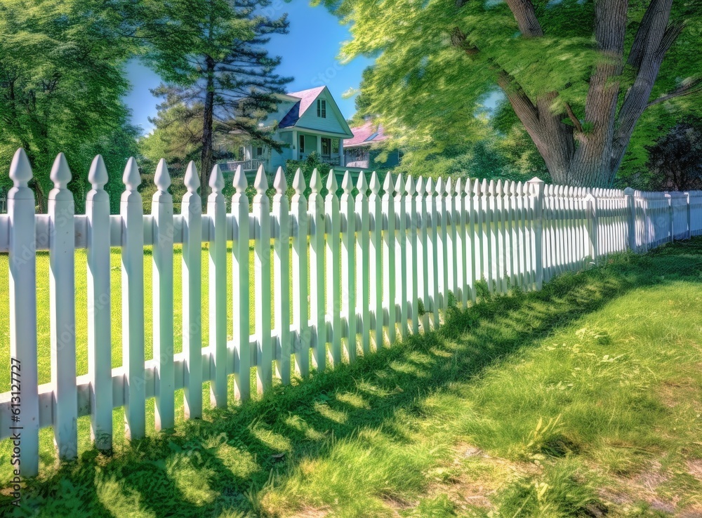 A fragment of a white vinyl fence. Fencing of the house territory Copy space created with Generative AI technology
