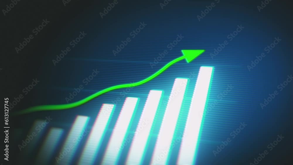 3d Screen Of Business Growth Stats Bars/ 4k animation of a 3d business infographics with rising arrow and bar stats appearing, symbolizing growth and success, with glitch and noise digital effects