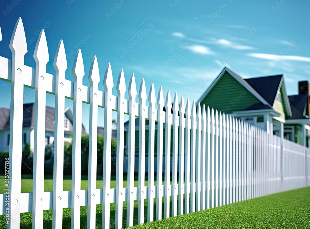 A fragment of a white vinyl fence. Fencing of the house territory Copy space created with Generative AI technology A fragment of a white vinyl fence. Fencing of the house territory Copy space created with Generative AI technology