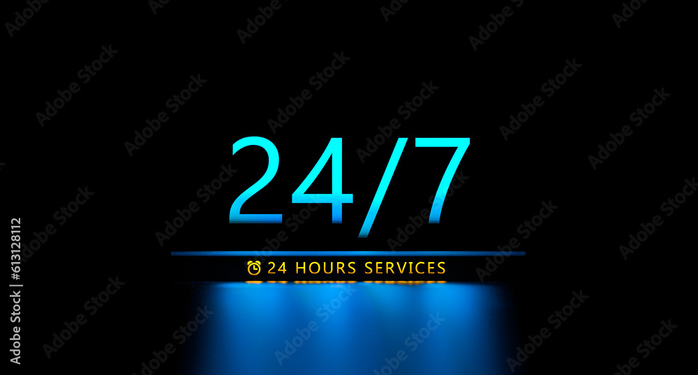 24-7 HOURS SERVICES. Text glowing 24 7 support, 24 hours a day, 7 days a week. Counseling clients. Professional work. 3D render.
