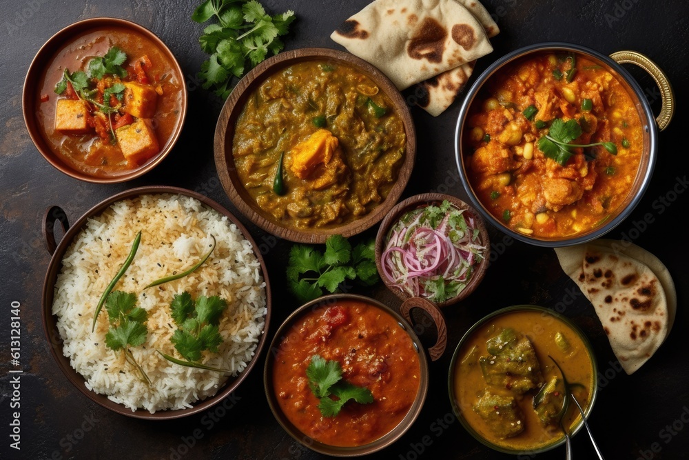 assorted indian curry food with multi-category dishes