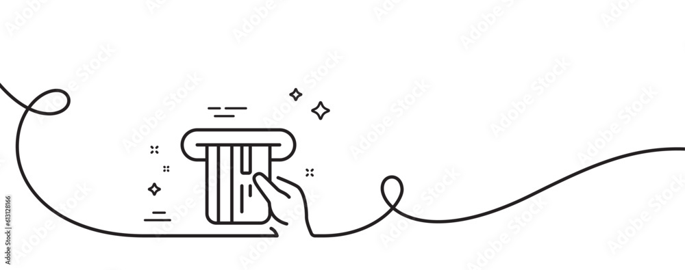 Credit card line icon. Continuous one line with curl. Hold Banking Payment card sign. ATM service symbol. Credit card single outline ribbon. Loop curve pattern. Vector Credit card line icon. Continuous one line with curl. Hold Banking Payment card sign. ATM service symbol. Credit card single outline ribbon. Loop curve pattern. Vector