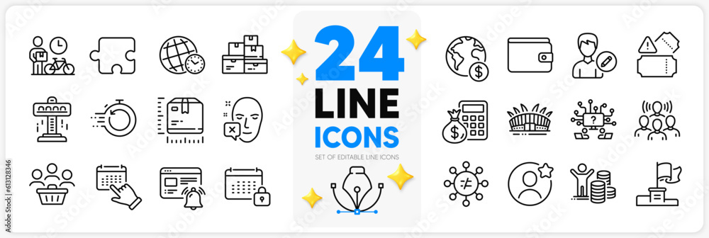 Icons set of Calendar, Fast recovery and Arena stadium line icons pack for app with Time zone, Internet notification, Bike courier thin outline icon. Face declined, Team work, Puzzle pictogram. Vector