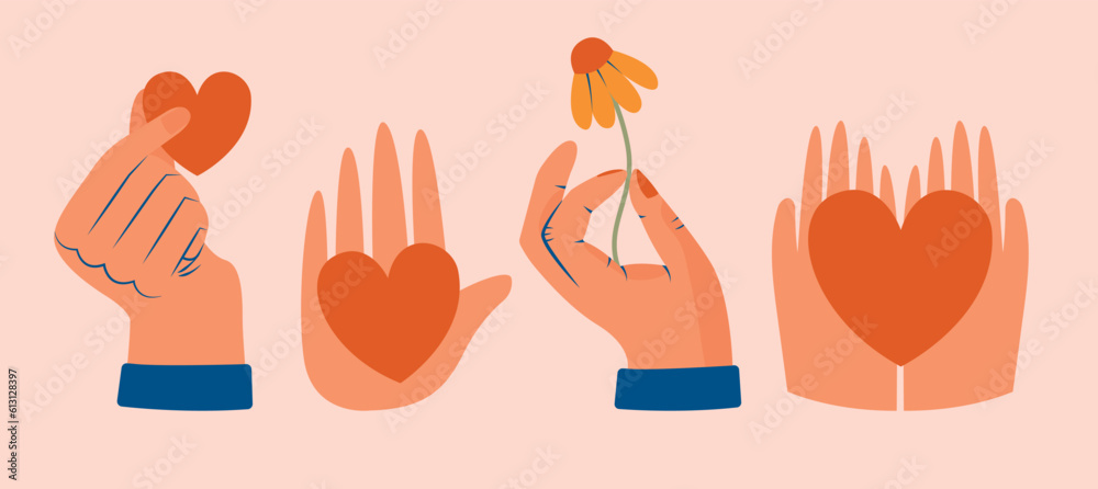 Set of hands holding stuff, hearts, flowers. Cute cartoon cliparts with different gestures. Hand drawn modern vector illustrations. Kindness, support, self-care, volunteering, humanism concept.