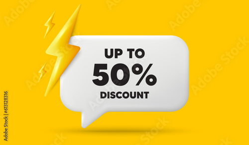 Up to 50 percent discount. 3d speech bubble banner with power energy. Sale offer price sign. Special offer symbol. Save 50 percentages. Discount tag chat speech message. 3d offer talk box. Vector