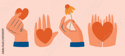 Set of hands holding stuff, hearts, flowers. Cute cartoon cliparts with different gestures. Hand drawn modern vector illustrations. Kindness, support, self-care, volunteering, humanism concept.