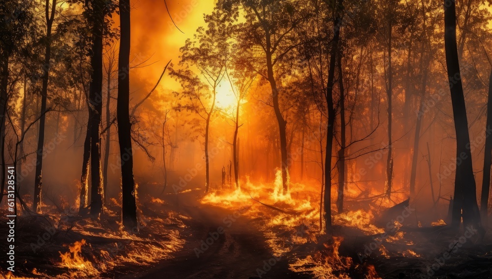 Wildfires or forest fire burning with a lot of smoke created with Generative AI technology