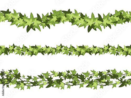 Seamless green ivy horizontal dividers. Botanical border, climbing vine and branch line cartoon vector set