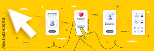 Sick man, Coronavirus vaccine and Freezing water line icons pack. Phone screen mockup with 3d alert bell, health and headshot. Resilience, Package size, Sun protection web icon. Vector
