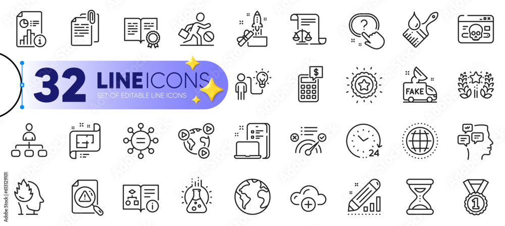Outline set of Search document, Ranking and Report line icons for web with Time, Cloud computing, Globe thin icon. Cyber attack, Calculator, Innovation pictogram icon. Certificate. Vector