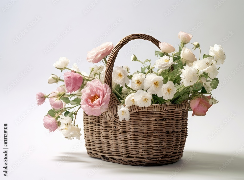 Beautiful straw bag with seasonal flowers of hyacinth and carnation blossom. Created with Generative AI technology.